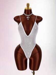 Amplova Rhinestone Glitter Backless Sheer Sexy Bodysuit For Party - White - View 9