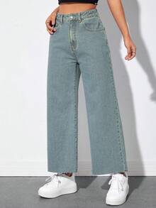 SHEIN LUNE Casual Washed High-Waisted Straight-Leg Jeans - Blue - View 5