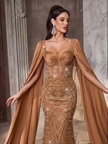Aureia Rochie elegantă și luxoasă, model sirenă, cu mărgele și paiete, model floral, satin elastic, supradimensionată, cu mâneci bufante, potrivită pentru nunți, petreceri, vacanțe, gale, evenimente formale (puternic decorată) - Aur - Vizualizare 4