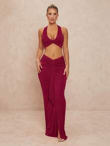 Lumalex Bộ 2 món đồ nữ dáng chữ U, dây xoắn, eo thấp, xếp ly, ôm sát cơ thể. - Màu Đỏ Sâu - Xem 7