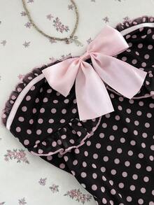 Elamini 女士休闲度假优雅日常百搭时尚外出粉色蝴蝶结装饰网纱波点印花抹胸迷你连衣裙，春夏款 - 黑色 - 查看 6