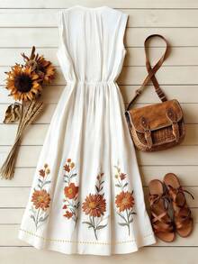 Franclia 乡村风白色无袖V领束腰连衣裙，充满艺术气息，适合夏季度假和通勤。 - 彩色 - 查看 2