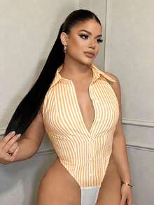 SHEIN SXY Women's Summer Linen Striped Bodysuit, Casual Minimalist Versatile Top, Suitable For Daily Wear, Office, Commute - Yellow - View 4