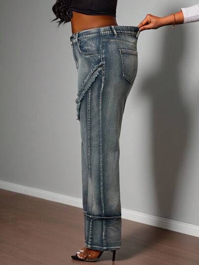 Truni Plus Size Women High Waist Zipper Patchwork Straight Leg Casual Jeans, Elastic Waist Detail, Suitable For Commuting, Work, And Casual Dates, For Pear Triangle Body Shape