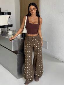 SHEIN PETITE 春夏女式派对Y2K音乐节牛仔裤，闪亮金箔设计，低腰阔腿棕色牛仔裤 - 棕色 - 查看 5