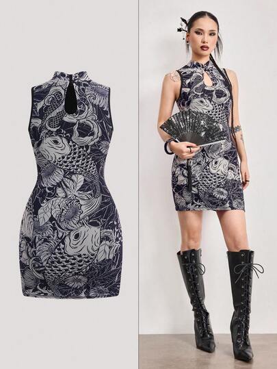 ROMWE Avant Vestido mini cheongsam de malla con estampado de carpa y floral retro de estilo chino para mujer