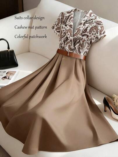 GlowEve 女士腰果花拼接撞色喇叭裙摆短袖连衣裙，腰部褶皱设计，休闲通勤约会日常度假优雅A字连衣裙，春夏新款