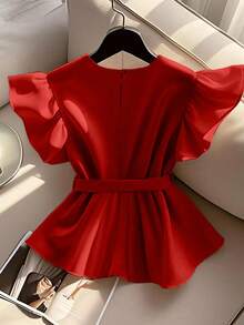 SHEIN Franclia Youya 时尚简约柔软浪漫夏季女式衬衫 - 紅色 - 查看 2