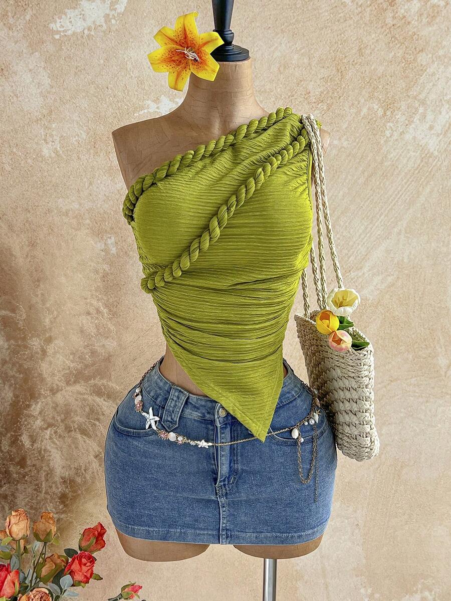 SHEIN WYWH Blusa de malha torcida com ombros assimétricos e modelagem justa, estilo boêmio, perfeita para férias e outono. Ideal para mulheres com estilo vintage e perfeito para as festas de fim de ano. - Verde - Ver 1