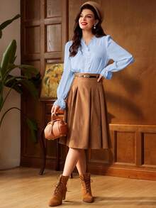 Vintamour 复古优雅女士蕾丝拼接V领衬衫，适合工作、返校、教师等场合，复古长袖纽扣衬衫 - 淺藍色 - 查看 8