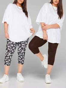 SHEIN Essnce 大码女式打底裤、七分裤、三件套、夏季打底裤、印花打底裤、黑色打底裤 - 棕色 - 查看 4