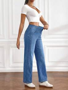 SHEIN Unity Women's Pocket Button Casual Versatile Daily Wear Wide Leg Jeans - Light Wash - View 6
