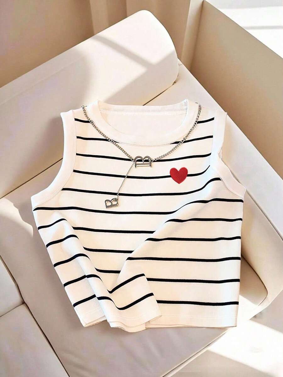 SHEIN LUNE Heart Pattern Sleeveless Striped Casual Tank Top, Summer - Multicolor - View 1