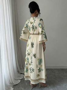 Yasmyna 女士印花V领长袖休闲连衣裙 - 綠色 - 查看 2