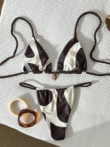 Swim Mod 女士随机印花露背编织比基尼套装，春夏款 - 彩色 - 查看 4