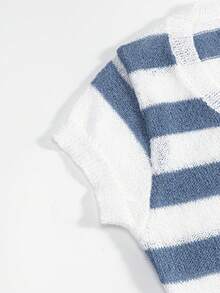 INAWLY Striped Waist Cinching V-Neck Casual Knit Versatile Slim Fit Top - Blue and White - View 6