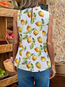 Selianne Yellow Lemon Print Sleeveless Casual Tank Top, Spring/Summer - Multicolor - View 2