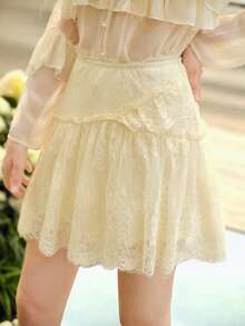 MOTF PREMIUM 女士蕾丝拼接浪漫短裙，春夏款 - 杏色 - 查看 4
