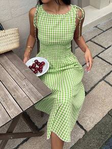 MainGRL 女士休闲绿白格子无袖A字中长连衣裙，荷叶边下摆，绿色格子连衣裙，适合野餐 - 綠色 - 查看 5