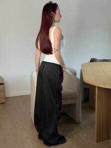 Abrilcols 女式夏季基本款条纹阔腿运动裤 - 黑色 - 查看 2