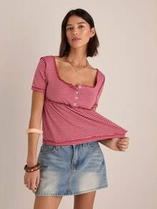 Easelle 女士红白条纹针织露脐上衣 - 紅白色 - 查看 6