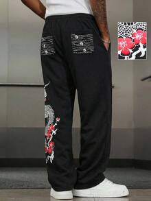 ROMWE MEN Anime Men's Casual Sports Flower & Dragon Print Drawstring Waist Sweatpants - Black - View 2