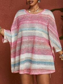 SHEIN CURVE+ T-shirt ample à manches 3/4, ourlet fendu, motif floral coloré, pour vacances, grande taille, pour femmes, automne/hiver - Multicolore - Voir 4