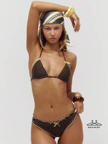 Musera Resort 撞色荷叶边蝴蝶结比基尼上衣和下装套装泳衣夏季游泳海滩度假日常性感可爱旅行Bambola复活节 - 巧克力棕 - 查看 1