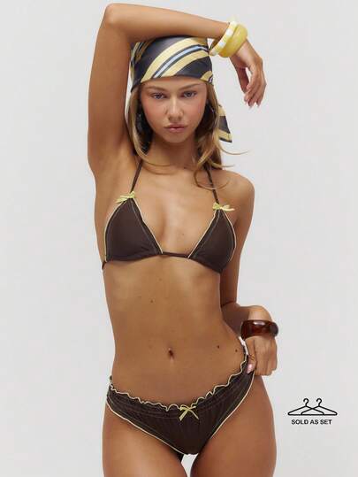 Musera Resort Contrast Frill Bow Detail Bikini Top And Bottoms Knickers Set Summer Swim Beach Vacation Everyday Sexy Cute Travel Bambola