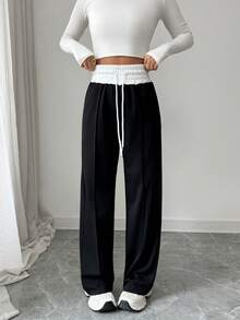 Elenzga Pantalones anchos casuales y cómodos para mujer, en bloque de color negro y blanco, con cordón en la cintura, pantalones de chándal sueltos y versátiles para ir al trabajo, ocio, vacaciones, que estilizan y alargan la figura con pantalones negros - Blanco y Negro - Ver 4