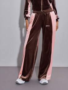 SHEIN ICON بنطلون نسائي كاجوال فضفاض بخصر رباط متباين الألوان - بني - مشاهدة 3