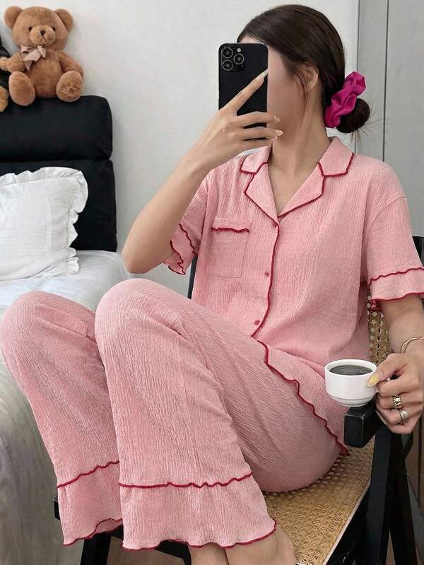 SHEIN 青少年女孩紋理針織拼色短袖上衣與長褲睡衣套裝，可愛夏季粉色鈕扣式睡衣，家庭款假日穿搭