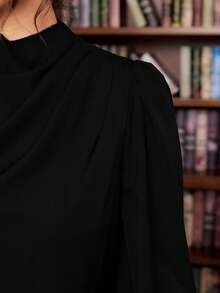 SHEIN Tall CURVE 大码女式褶皱优雅休闲长袖宽松衬衫，适合高个子女性，纯黑色衬衫 - 黑色 - 查看 8