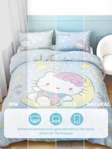 HELLO KITTY AND FRIENDS | SHEIN 这款三件套卡通猫咪印花被套采用柔软保暖的磨毛面料制成。蓝色被套饰有星月图案，并提供多种尺寸，适用于单人床、双人床、加大双人床和特大双人床。 - 淺藍色 - 查看 7