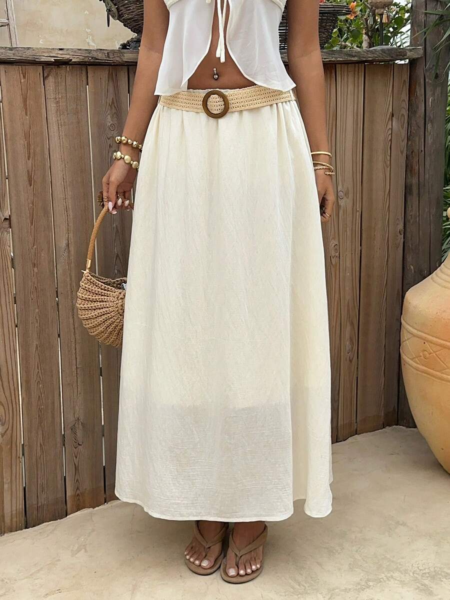 Sunnyshic Women's Apricot A-Line Elastic Waist Belt Skirt, Casual Beach Holiday Fashion All-Match Versatile Boho Style, Spring/Summer - Apricot - View 1