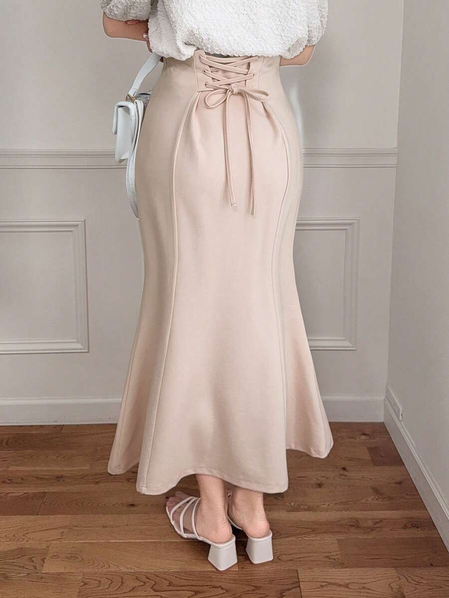 DAZY Women's Solid Color Waist Tie Design Elegant Mermaid Midi Skirt - Apricot - View 1