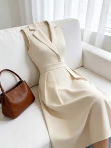 SHEIN PETITE Women's Pearl Button Collar Sleeveless Dress - Apricot - View 3