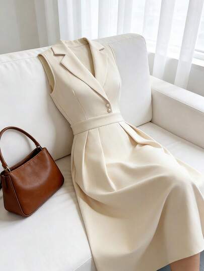 SHEIN PETITE 女士珍珠纽扣领无袖连衣裙