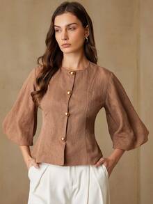 Aveloria Rosie Fashionable Design Sense Casual Mandarin Collar Puff Sleeve Vest Jacket - Brown - View 5