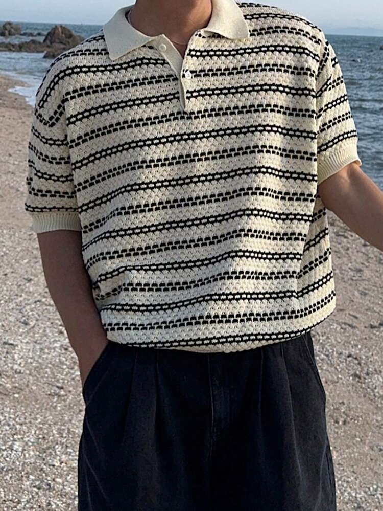 Men's Striped Jacquard Polo Collar Short Sleeve Knit Top, Summer