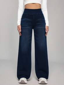 SHEIN PETITE Casual Versatile Black Loose Straight-Leg Jeans For Women, All Season ,Petite Women - Dark Wash - View 4