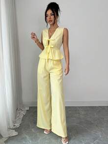 SHEIN Elenzya A Two Pieces Set For Elegant Summer Vacation Woven By Ladies - Yellow - View 4
