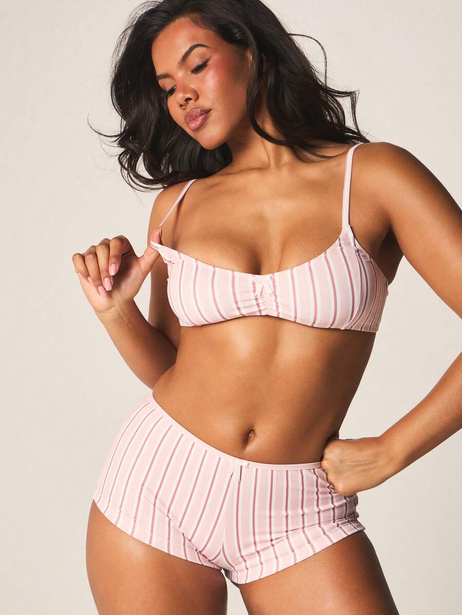MISSGUIDED Striped Boxer Short Bra Set Two Piece Underwear Balconette Lingerie Collection Comfortable Everyday Intimate Apparel Matching Set Adjustable Straps - Pink - View 1