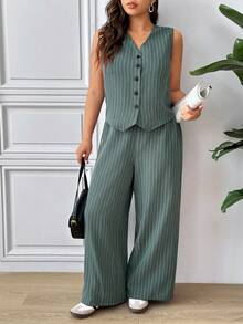 Lounesse Plus Size Elegant Casual Commute Vest, Shirt And Straight Leg Pants - Green - View 1