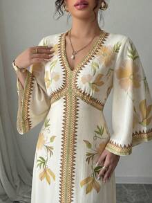 Yasmyna 女士印花V领长袖休闲连衣裙 - 黃色 - 查看 6