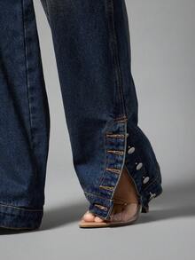 Denimoi Slouchy Fit Straight Leg Denim Jeans With Button Detail On Ankle Straight Leg Jeans Streetwear - Medium Wash - View 5