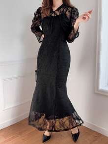 FRIFUL 女士深灰色薄纱蕾丝系带腰身两件套，商务休闲假日装扮 - 黑色 - 查看 1