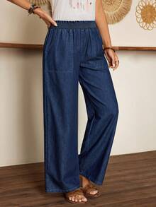 Breezaya 女士松紧腰宽松口袋牛仔裤，适合日常穿着 - 深色水洗藍 - 查看 5