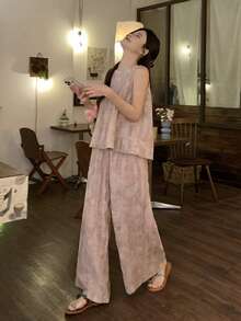 DAZY 2pcs Women's Vintage Distressed Dual-Tone Linen Texture Casual Outfit Set Lounge Sets For Women Summer - Pink - View 8