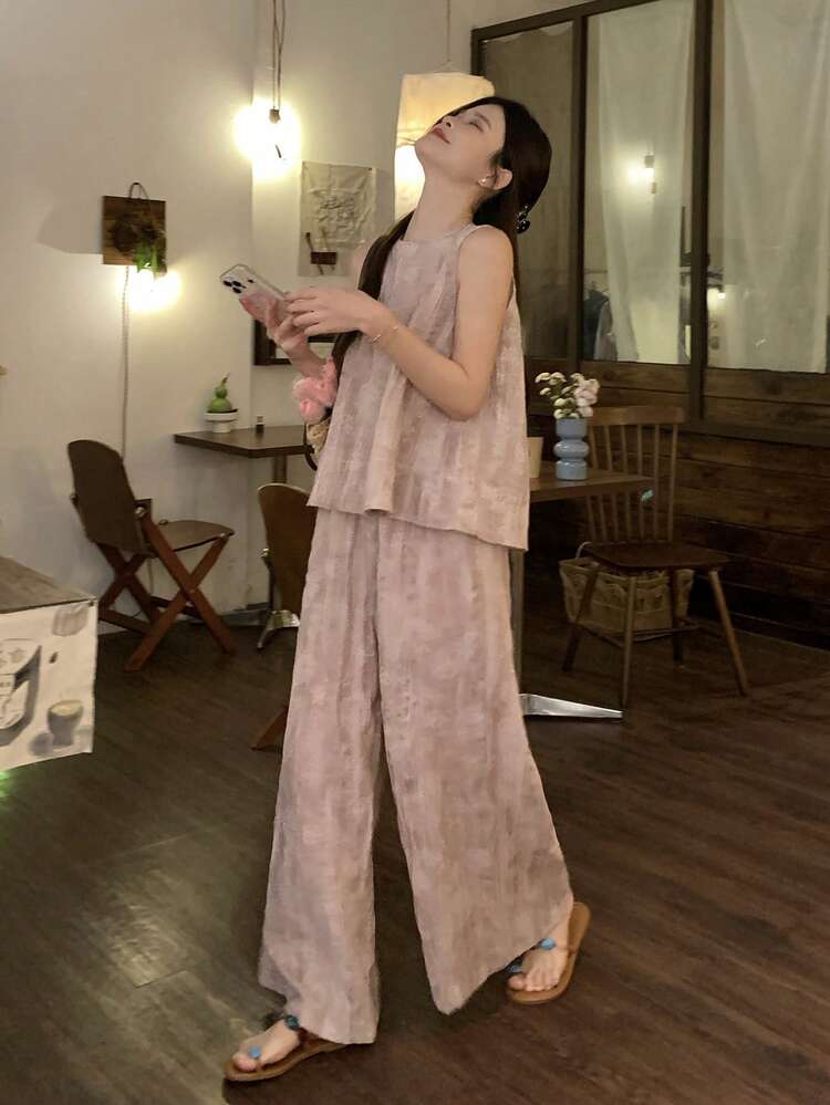 2pcs Women's Vintage Distressed Dual-Tone Linen Texture Casual Outfit Set